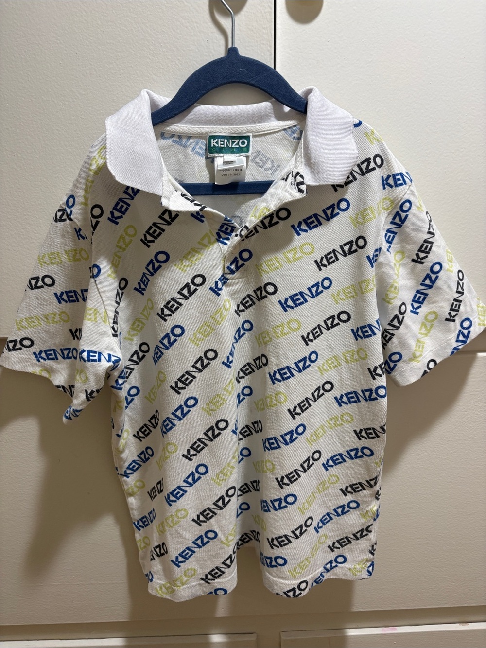 Kenzo Kids White Polo with Blue & Lime Logo Print All-Over
